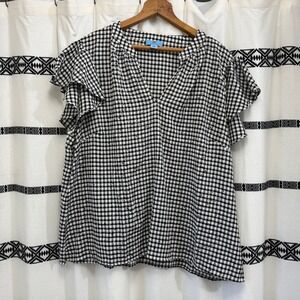 CeCe Gingham Ruffle Sleeve Blouse Black‎ White Check Top Women's XXL Summer Wor